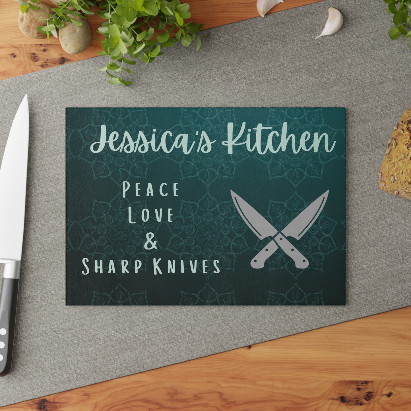 Personalized Glass Cutting Board - 'Peace Love & Sharp Knives' Kitchen Decor