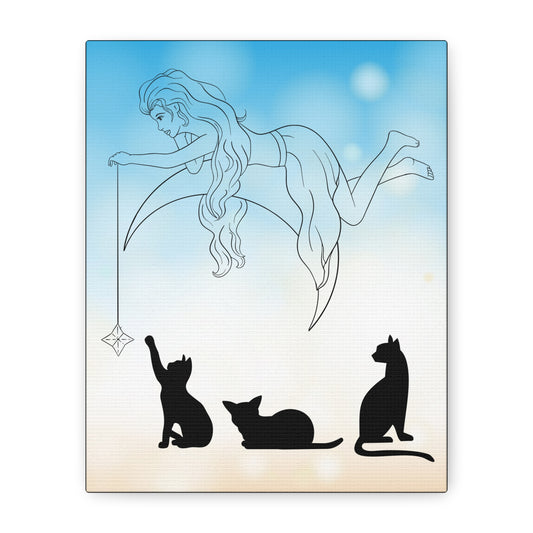Cat-Themed Wall Art Canvas - Enchanting Fairy & Silhouetted Cats Decor