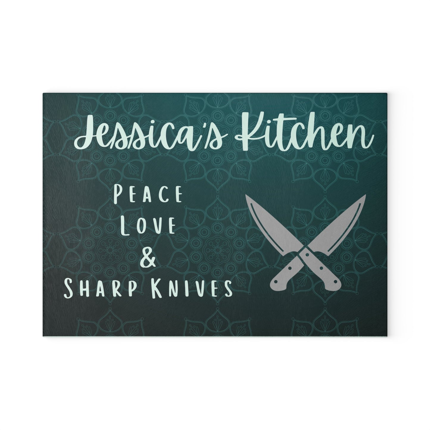 Personalized Glass Cutting Board - 'Peace Love & Sharp Knives' Kitchen Decor