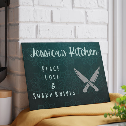Personalized Glass Cutting Board - 'Peace Love & Sharp Knives' Kitchen Decor