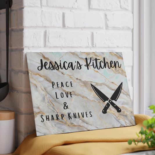 Personalized Glass Cutting Board - "Peace, Love & Sharp Knives" - Perfect Gift for Home Chefs